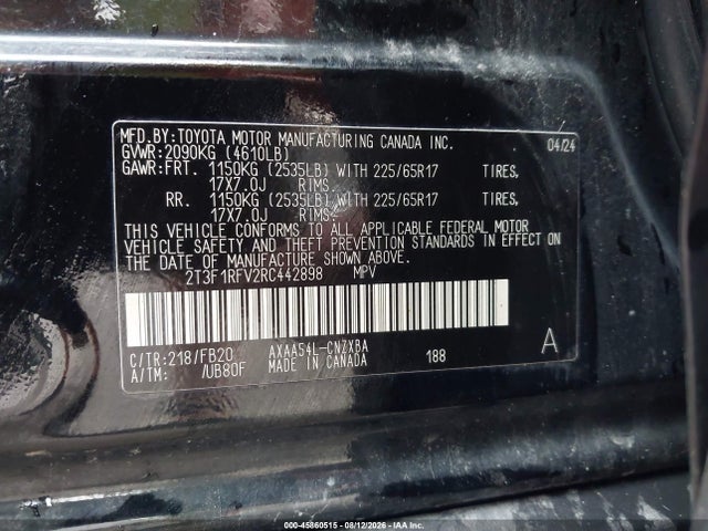 2024 Toyota Rav4 Le მანქანა იყიდება აუქციონზე, vin: 2T3F1RFV2RC442898, აუქციონის ნომერი: 45860515