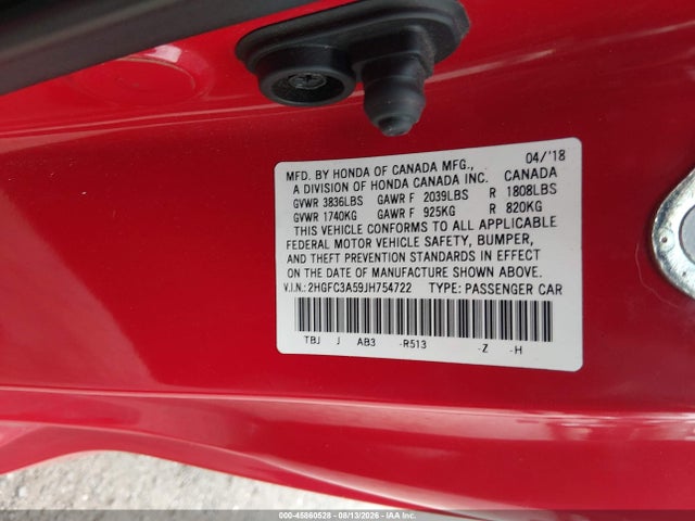 45860528 :رقم المزاد ، 2HGFC3A59JH754722 vin ، 2018 Honda Civic Si مزاد بيع
