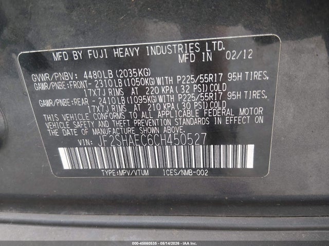 Aukcja sprzedaży 2012 Subaru Forester 2.5x Limited, vin: JF2SHAEC6CH450527, numer aukcji: 45860535