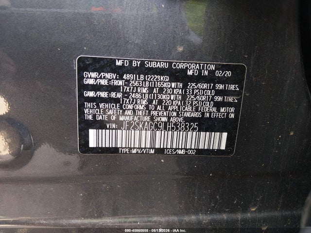 2020 Subaru Forester Premium მანქანა იყიდება აუქციონზე, vin: JF2SKAGC9LH538325, აუქციონის ნომერი: 45860558