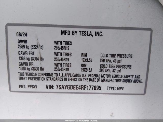 Продажа на аукционе авто 2024 Tesla Model Y Long Range Dual Motor All-wheel Drive, vin: 7SAYGDEE4RF177095, номер лота: 45860566