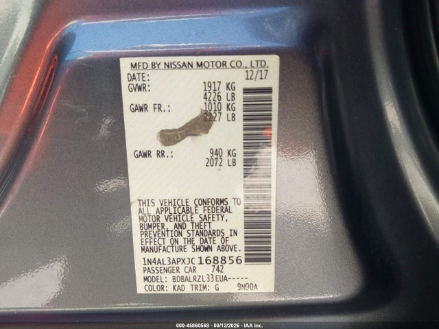 2018 Nissan Altima 2.5 Sl მანქანა იყიდება აუქციონზე, vin: 1N4AL3APXJC168856, აუქციონის ნომერი: 45860568