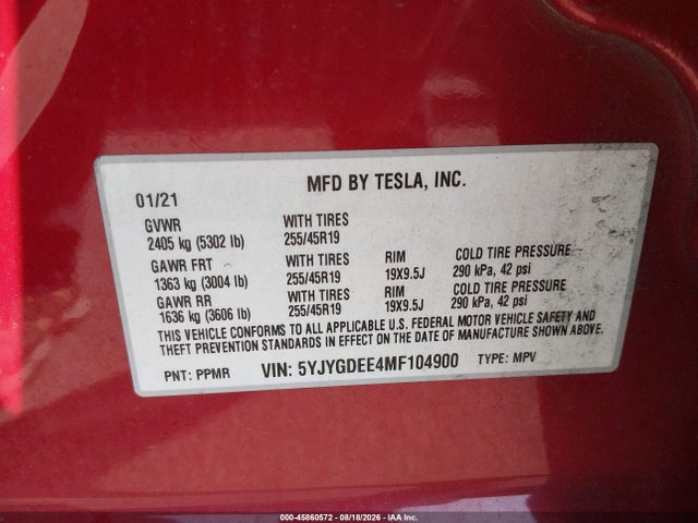 5YJYGDEE4MF104900 Tesla Model Y Long Range Dual Motor All-wheel Drive