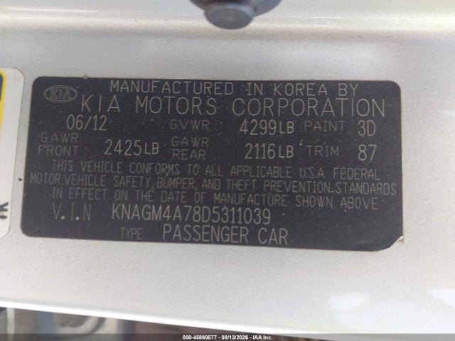 2013 Kia Optima Lx მანქანა იყიდება აუქციონზე, vin: KNAGM4A78D5311039, აუქციონის ნომერი: 45860577