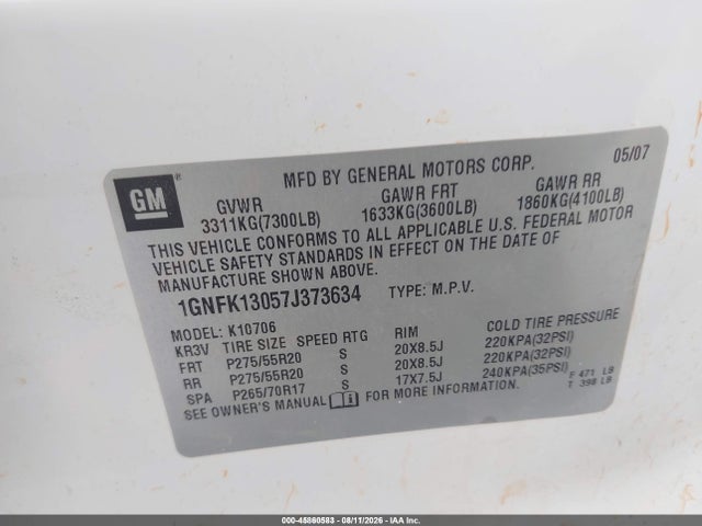 Продажа на аукционе авто 2007 Chevrolet Tahoe Ltz, vin: 1GNFK13057J373634, номер лота: 45860583