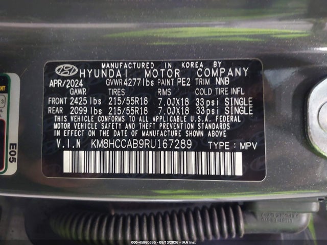 45860595 :رقم المزاد ، KM8HCCAB9RU167289 vin ، 2024 Hyundai Kona Sel مزاد بيع