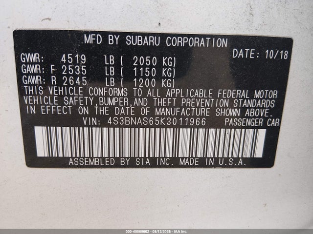 Продаж на аукціоні авто 2019 Subaru Legacy 2.5i Sport, vin: 4S3BNAS65K3011966, номер лоту: 45860602