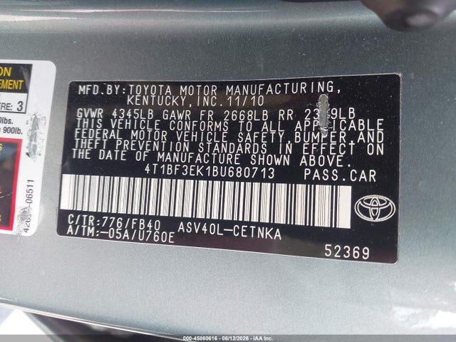 45860616 :رقم المزاد ، 4T1BF3EK1BU680713 vin ، 2011 Toyota Camry Le مزاد بيع