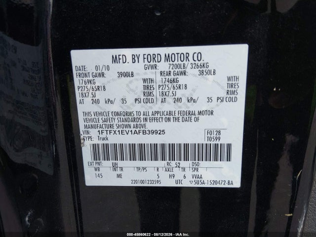 45860622 :رقم المزاد ، 1FTFX1EV1AFB39925 vin ، 2010 Ford F-150 Fx4/lariat/xl/xlt مزاد بيع