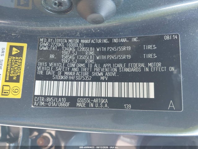 Toyota Highlander Limited V6 2015 5TDDKRFH4FS075352 Image 9