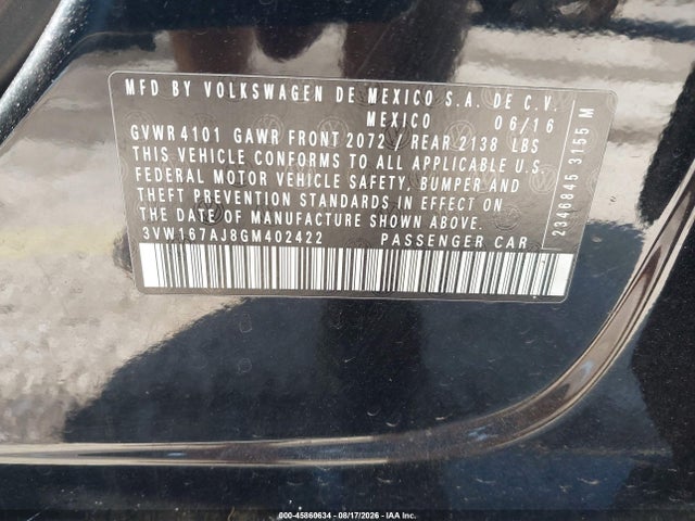 Aukcja sprzedaży 2016 Volkswagen Jetta 1.4t S, vin: 3VW167AJ8GM402422, numer aukcji: 45860634