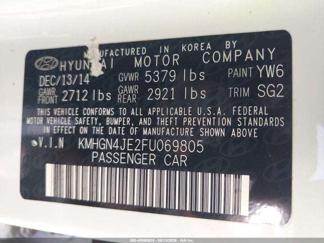 Продажа на аукционе авто 2015 Hyundai Genesis 3.8, vin: KMHGN4JE2FU069805, номер лота: 45860639