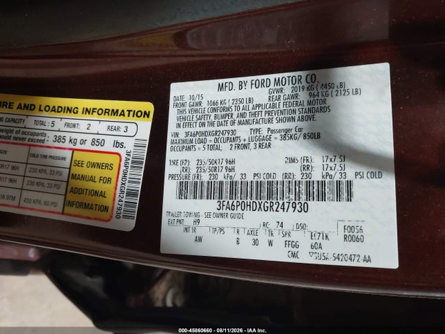 2016 Ford Fusion Se მანქანა იყიდება აუქციონზე, vin: 3FA6P0HDXGR247930, აუქციონის ნომერი: 45860660