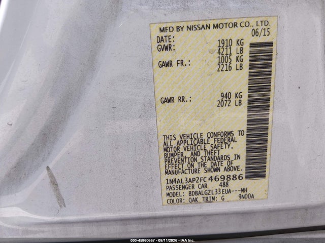 Продаж на аукціоні авто 2015 Nissan Altima 2.5 S, vin: 1N4AL3AP2FC469886, номер лоту: 45860667
