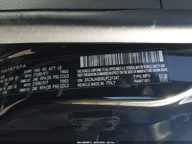 2020 Jeep Renegade Latitude Fwd მანქანა იყიდება აუქციონზე, vin: ZACNJABBXLPL31347, აუქციონის ნომერი: 45860675