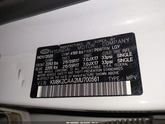 2021 Hyundai Kona Sel მანქანა იყიდება აუქციონზე, vin: KM8K2CAA2MU700561, აუქციონის ნომერი: 45860690