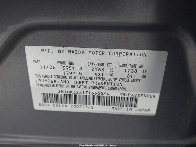 45860694 :رقم المزاد ، JM1BK323171666624 vin ، 2007 Mazda Mazda3 S Touring مزاد بيع