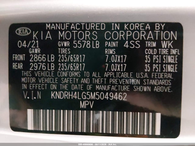 Aukcja sprzedaży 2021 Kia Sorento Hybrid Ex, vin: KNDRH4LG5M5049462, numer aukcji: 45860696
