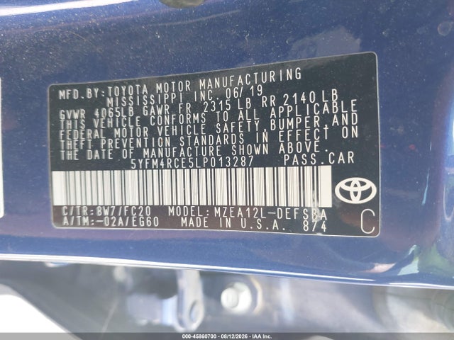 45860700 :رقم المزاد ، 5YFM4RCE5LP013287 vin ، 2020 Toyota Corolla Se  6mt مزاد بيع
