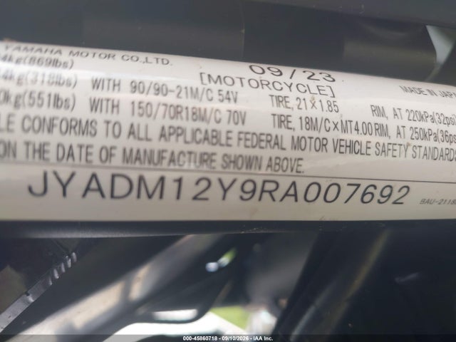 Aukcja sprzedaży 2024 Yamaha Xtz690, vin: JYADM12Y9RA007692, numer aukcji: 45860718