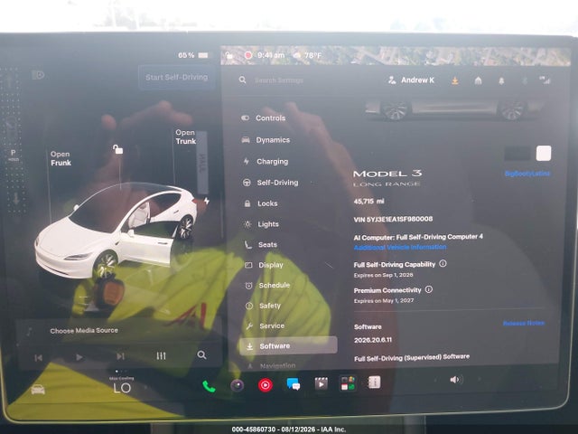 Продаж на аукціоні авто 2025 Tesla Model 3 Long Range Rear-wheel Drive/standard Rear-wheel Drive, vin: 5YJ3E1EA1SF980008, номер лоту: 45860730