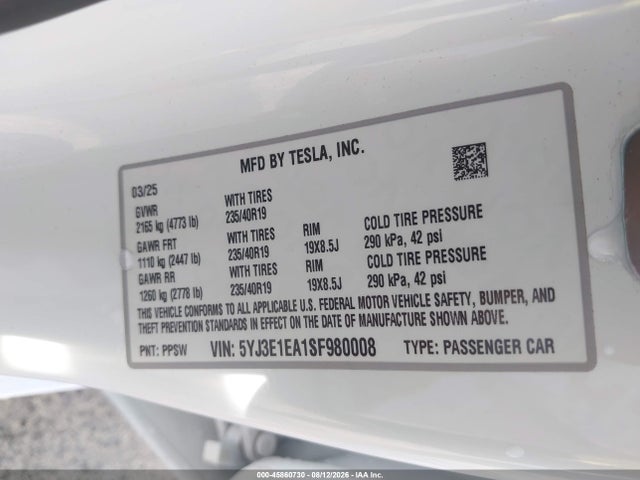 Продаж на аукціоні авто 2025 Tesla Model 3 Long Range Rear-wheel Drive/standard Rear-wheel Drive, vin: 5YJ3E1EA1SF980008, номер лоту: 45860730