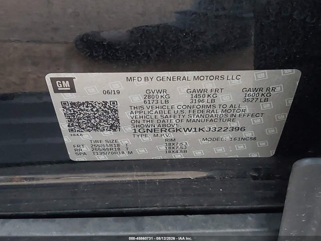 Aukcja sprzedaży 2019 Chevrolet Traverse 1lt, vin: 1GNERGKW1KJ322396, numer aukcji: 45860731