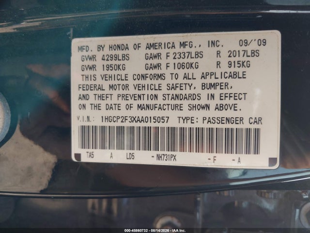 2010 Honda Accord 2.4 Lx მანქანა იყიდება აუქციონზე, vin: 1HGCP2F3XAA015057, აუქციონის ნომერი: 45860732