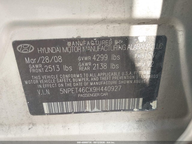 Aukcja sprzedaży 2009 Hyundai Sonata Gls, vin: 5NPET46CX9H440927, numer aukcji: 45860735