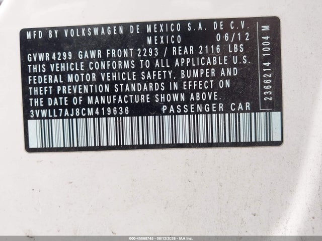 2012 Volkswagen Jetta 2.0l Tdi მანქანა იყიდება აუქციონზე, vin: 3VWLL7AJ8CM419636, აუქციონის ნომერი: 45860745