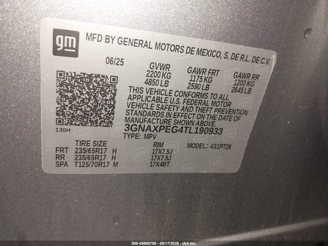 2026 Chevrolet Equinox Awd Lt მანქანა იყიდება აუქციონზე, vin: 3GNAXPEG4TL190933, აუქციონის ნომერი: 45860750