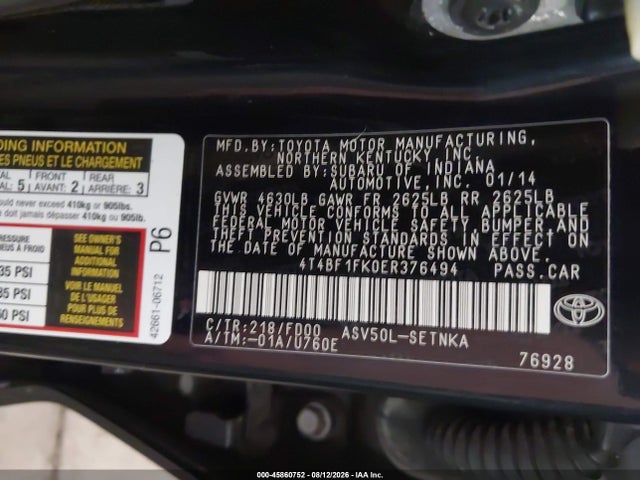 Продаж на аукціоні авто 2014 Toyota Camry Le, vin: 4T4BF1FK0ER376494, номер лоту: 45860752