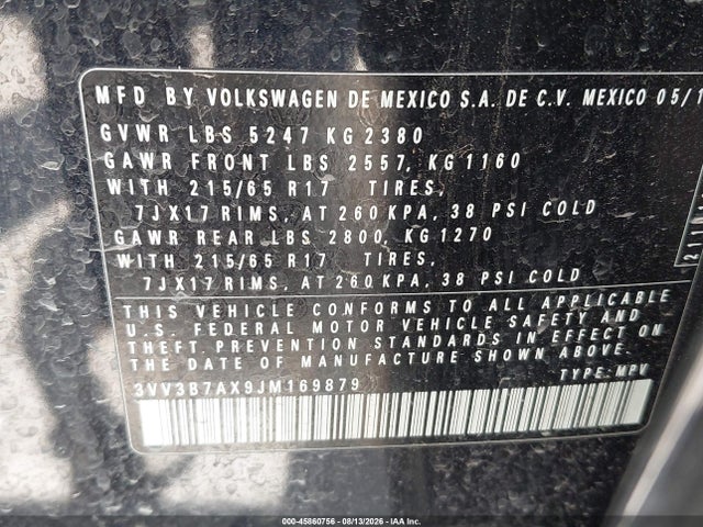 45860756 :رقم المزاد ، 3VV3B7AX9JM169879 vin ، 2018 Volkswagen Tiguan 2.0t Se/2.0t Sel مزاد بيع