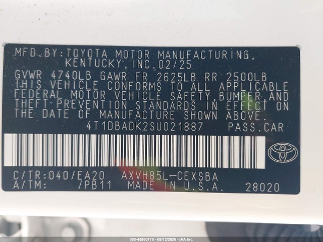 Aukcja sprzedaży 2025 Toyota Camry Se, vin: 4T1DBADK2SU021887, numer aukcji: 45860778