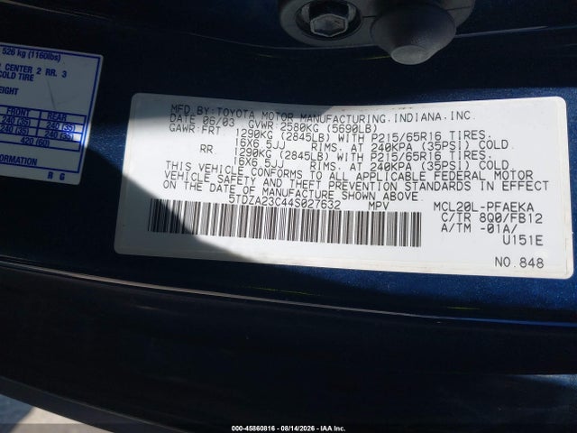 2004 Toyota Sienna Le მანქანა იყიდება აუქციონზე, vin: 5TDZA23C44S027632, აუქციონის ნომერი: 45860816