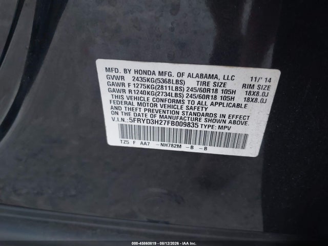 2015 Acura Mdx მანქანა იყიდება აუქციონზე, vin: 5FRYD3H27FB009835, აუქციონის ნომერი: 45860819