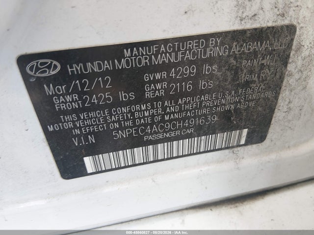 Aukcja sprzedaży 2012 Hyundai Sonata Se, vin: 5NPEC4AC9CH491639, numer aukcji: 45860827