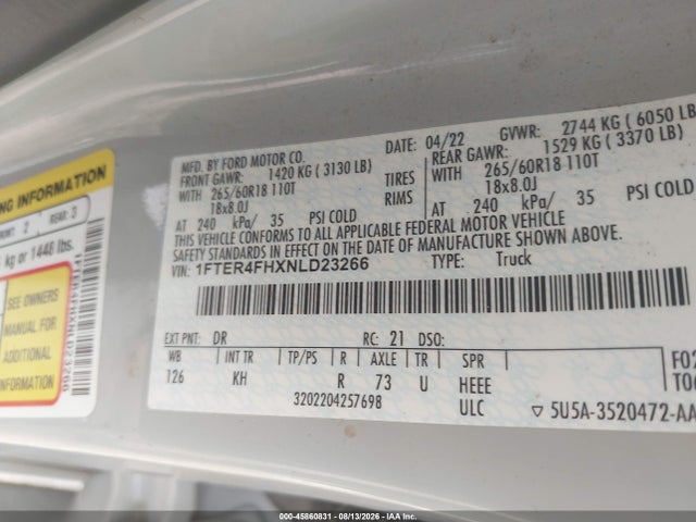 45860831 :رقم المزاد ، 1FTER4FHXNLD23266 vin ، 2022 Ford Ranger Lariat مزاد بيع