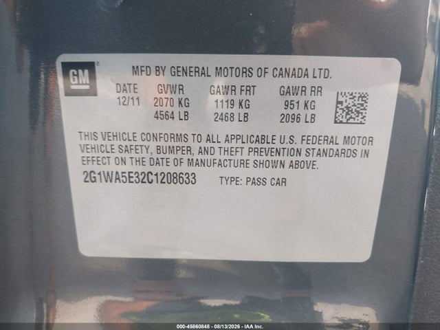 45860848 :رقم المزاد ، 2G1WA5E32C1208633 vin ، 2012 Chevrolet Impala Ls مزاد بيع