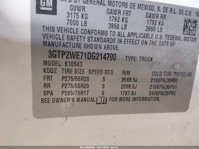 2013 Gmc Sierra 1500 Slt მანქანა იყიდება აუქციონზე, vin: 3GTP2WE71DG214790, აუქციონის ნომერი: 45860860