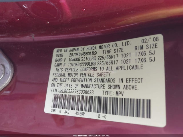 2008 Honda Cr-v Lx მანქანა იყიდება აუქციონზე, vin: JHLRE38378C036628, აუქციონის ნომერი: 45860868