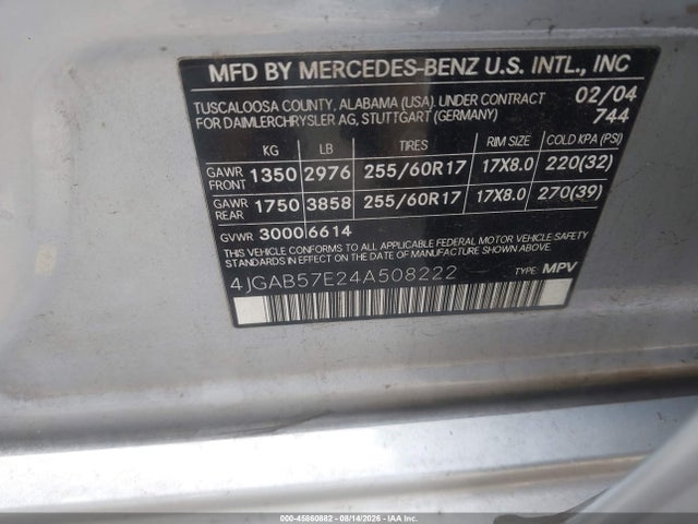 45860882 :رقم المزاد ، 4JGAB57E24A508222 vin ، 2004 Mercedes-benz Ml 350 4matic مزاد بيع
