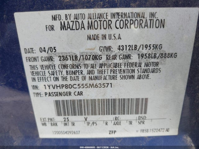 Aukcja sprzedaży 2005 Mazda Mazda6 I Base, vin: 1YVHP80C555M63571, numer aukcji: 45860885