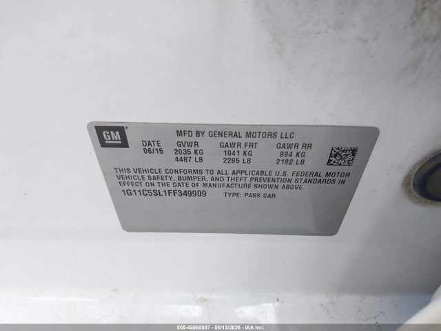 45860887 :رقم المزاد ، 1G11C5SL1FF349909 vin ، 2015 Chevrolet Malibu 1lt مزاد بيع