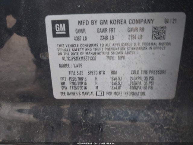2021 Chevrolet Trax Awd Lt მანქანა იყიდება აუქციონზე, vin: KL7CJPSMXMB371337, აუქციონის ნომერი: 45860888