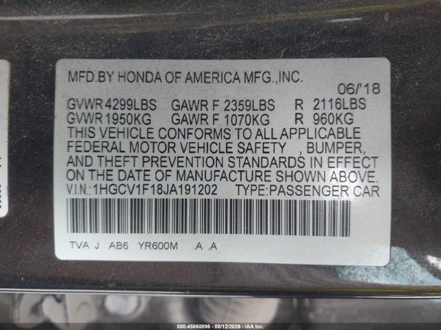 Продаж на аукціоні авто 2018 Honda Accord Lx, vin: 1HGCV1F18JA191202, номер лоту: 45860896