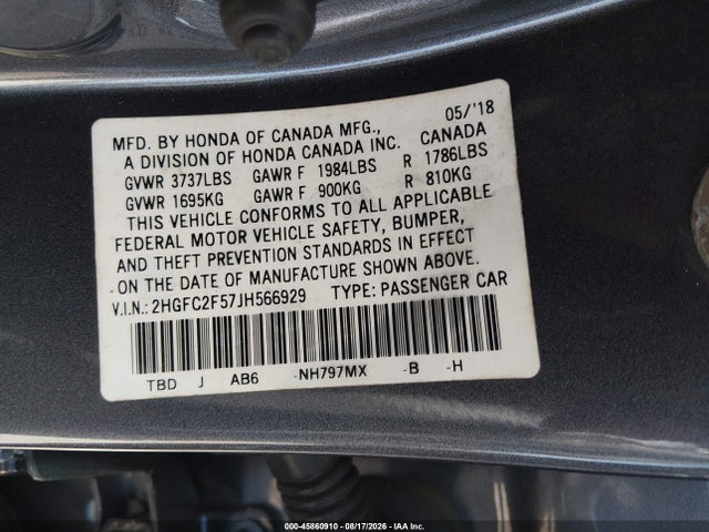 45860910 :رقم المزاد ، 2HGFC2F57JH566929 vin ، 2018 Honda Civic Lx مزاد بيع