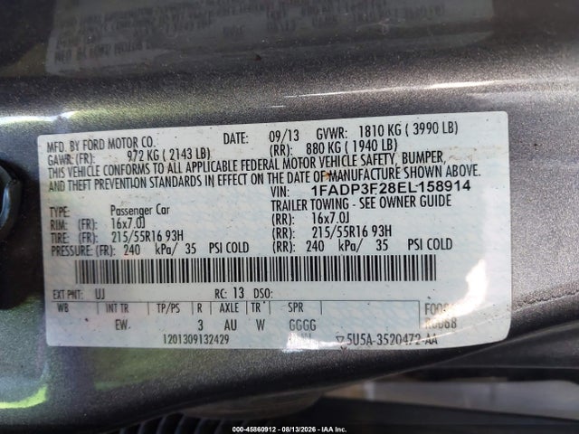 45860912 :رقم المزاد ، 1FADP3F28EL158914 vin ، 2014 Ford Focus Se مزاد بيع