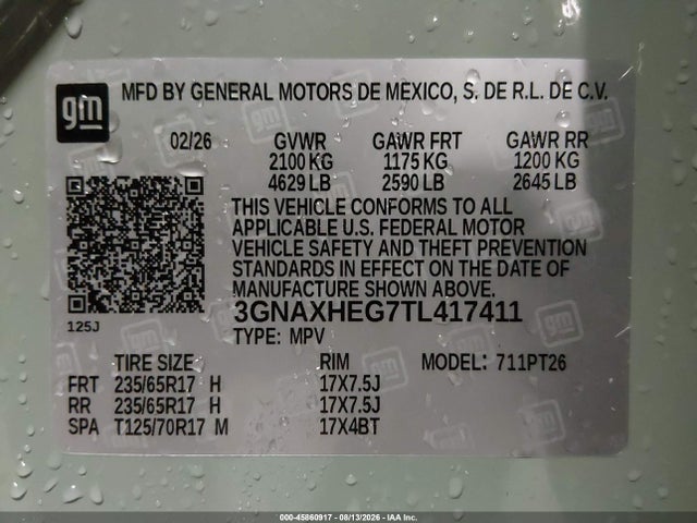 2026 Chevrolet Equinox Fwd Lt მანქანა იყიდება აუქციონზე, vin: 3GNAXHEG7TL417411, აუქციონის ნომერი: 45860917