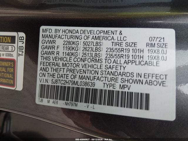 Auction sale of the 2021 Acura Rdx Advance Package/pmc Edition, vin: 5J8TC2H79ML038639, lot number: 45860927